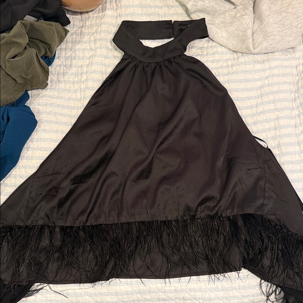 Chic Black Halter top with Feather Hem
